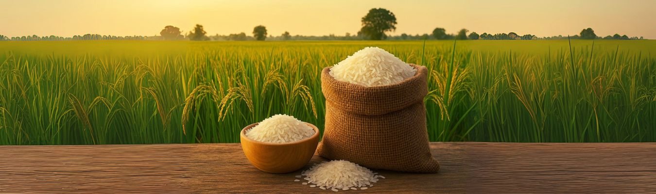 rice and rice bag product in front of a rice field