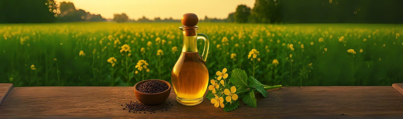 mustard oil in a jar in front of mustard field